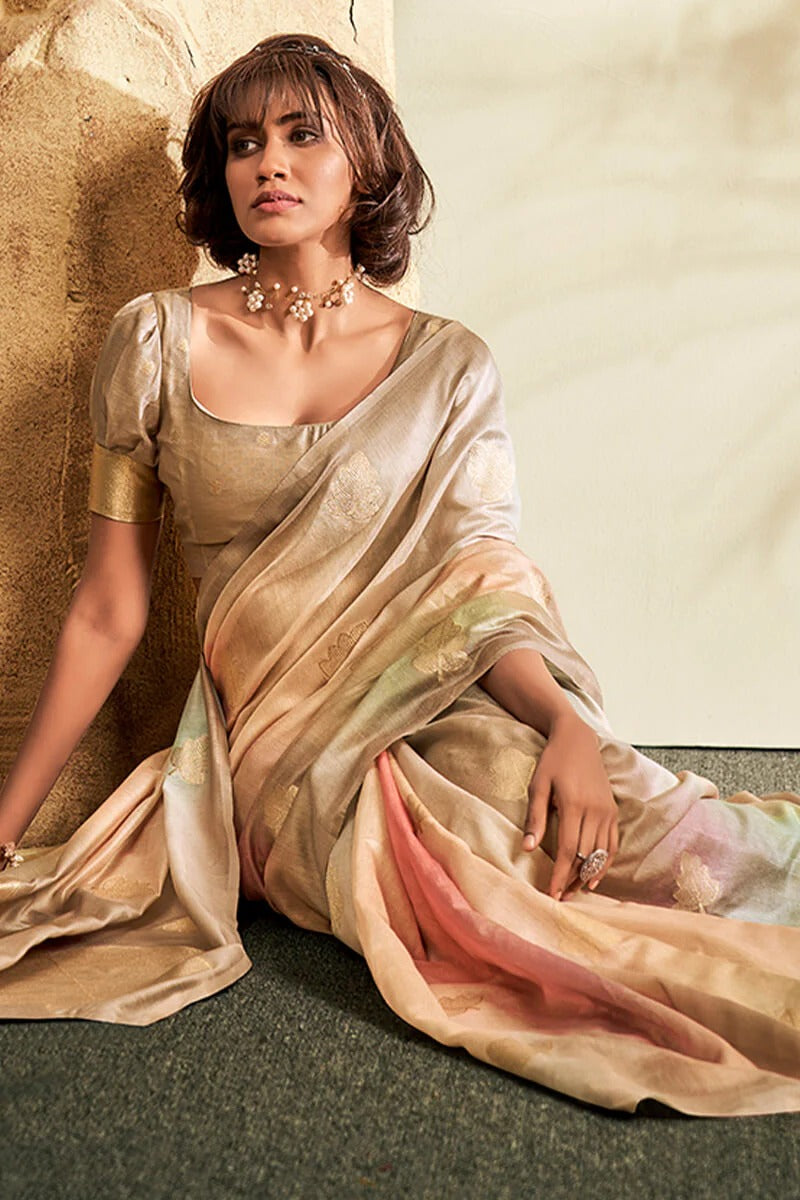 Asopalava Beige Pure Handloom Khadi silk Printed Saree