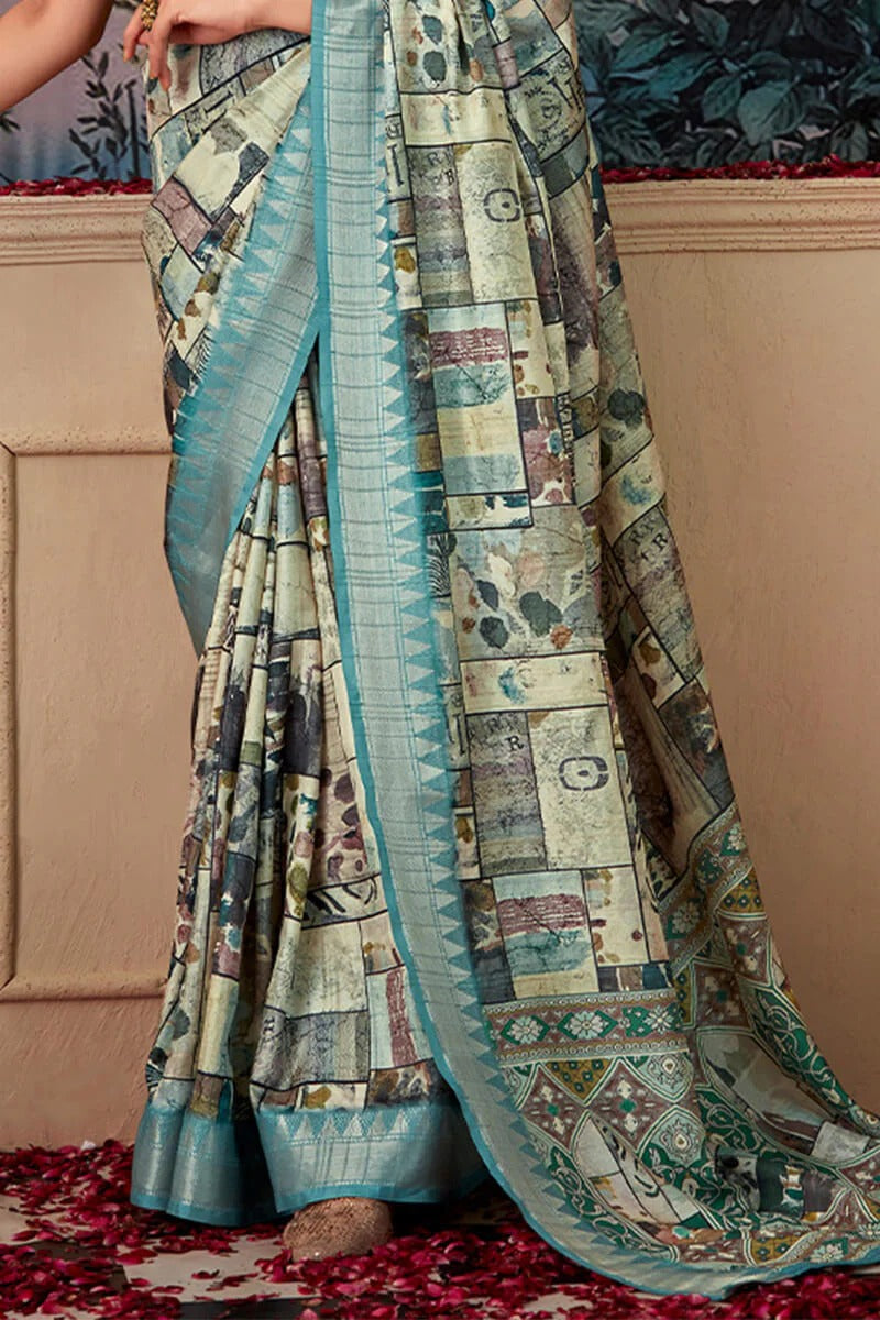 Shimoni Ocean Blue Tussar Silk Printed Saree