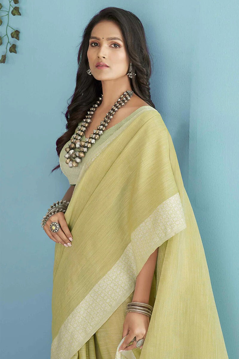 Aarzoo Acid Yellow Chikankari Linen Silk Weaved Saree