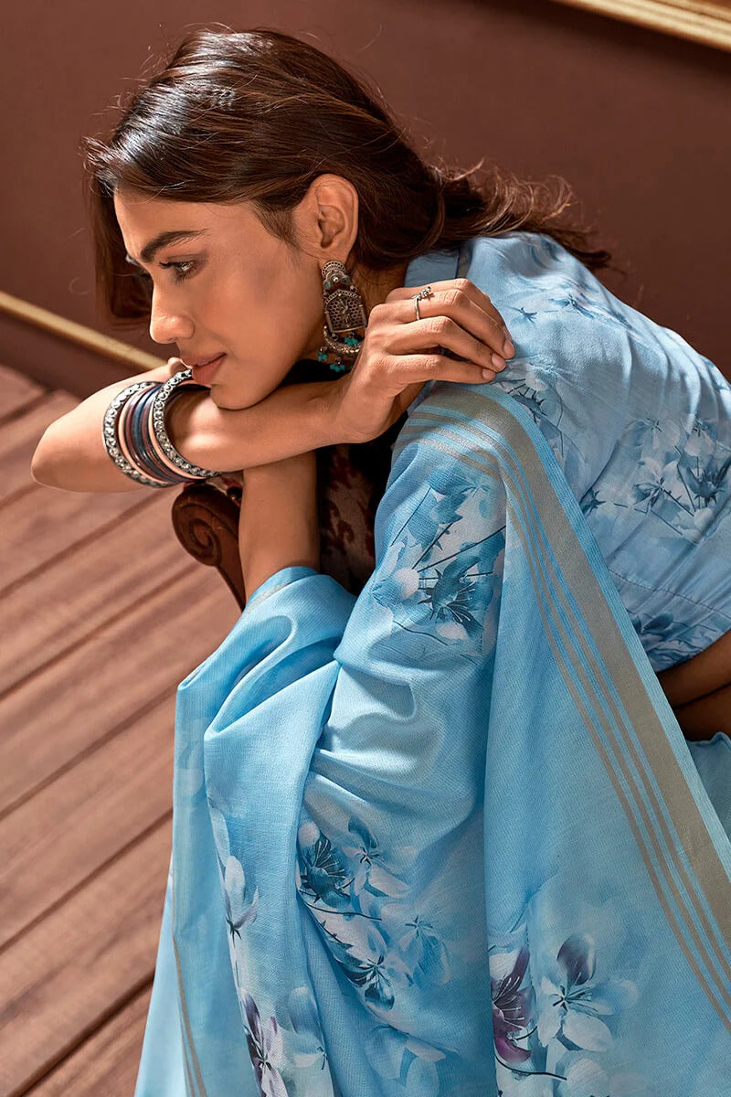 Gangotri Ether Blue Soft Handloom Silk Floral Printed Saree