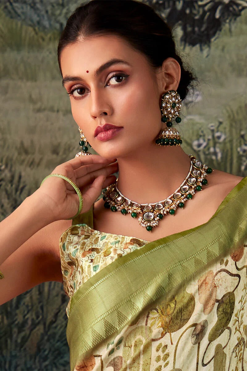 Shimoni Pestel Olive Tussar Silk Printed Saree