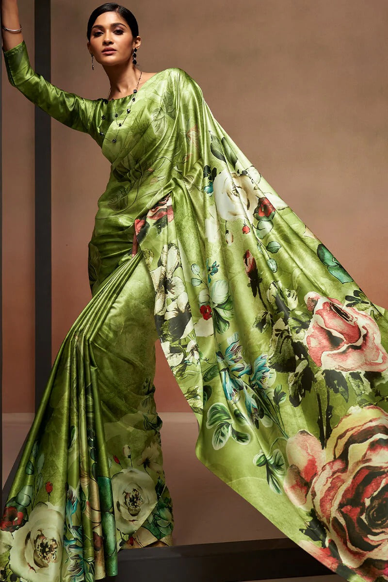 Bollywood Green Soft Satin Silk Printed Saree