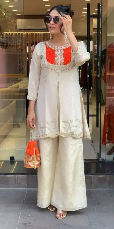 Precious Orange Gold Crush Embroidery Coding Sequence Work Salwar Suit
