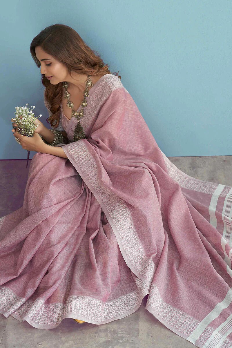 Aarzoo Pink Chikankari Linen Silk Weaved Saree