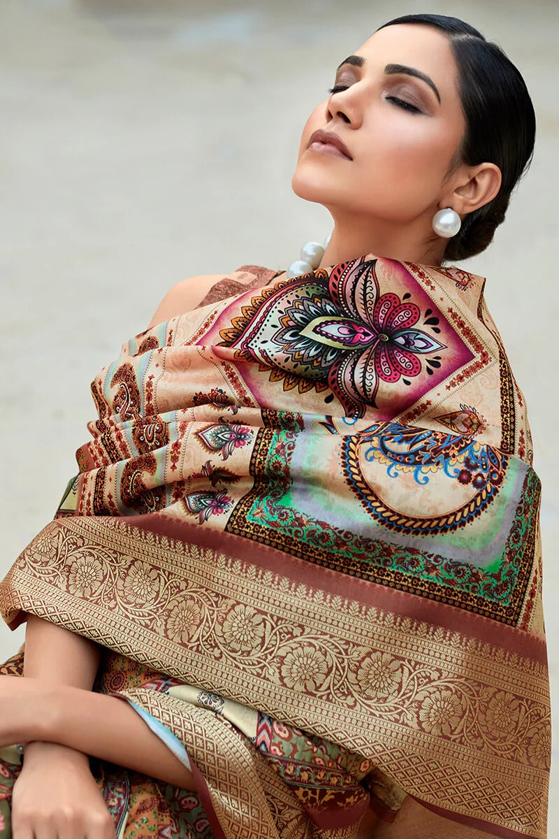 Saaria Charred Brown Dola Silk Printed Saree