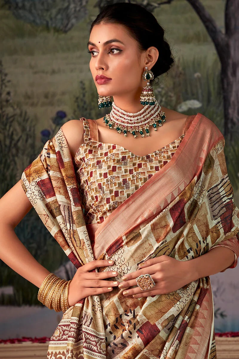 Shimoni greige Brown Tussar Silk Printed Saree