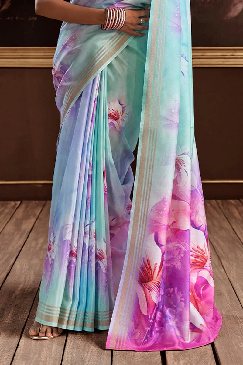 Gangotri Sky Blue Soft Handloom Silk Floral Printed Saree