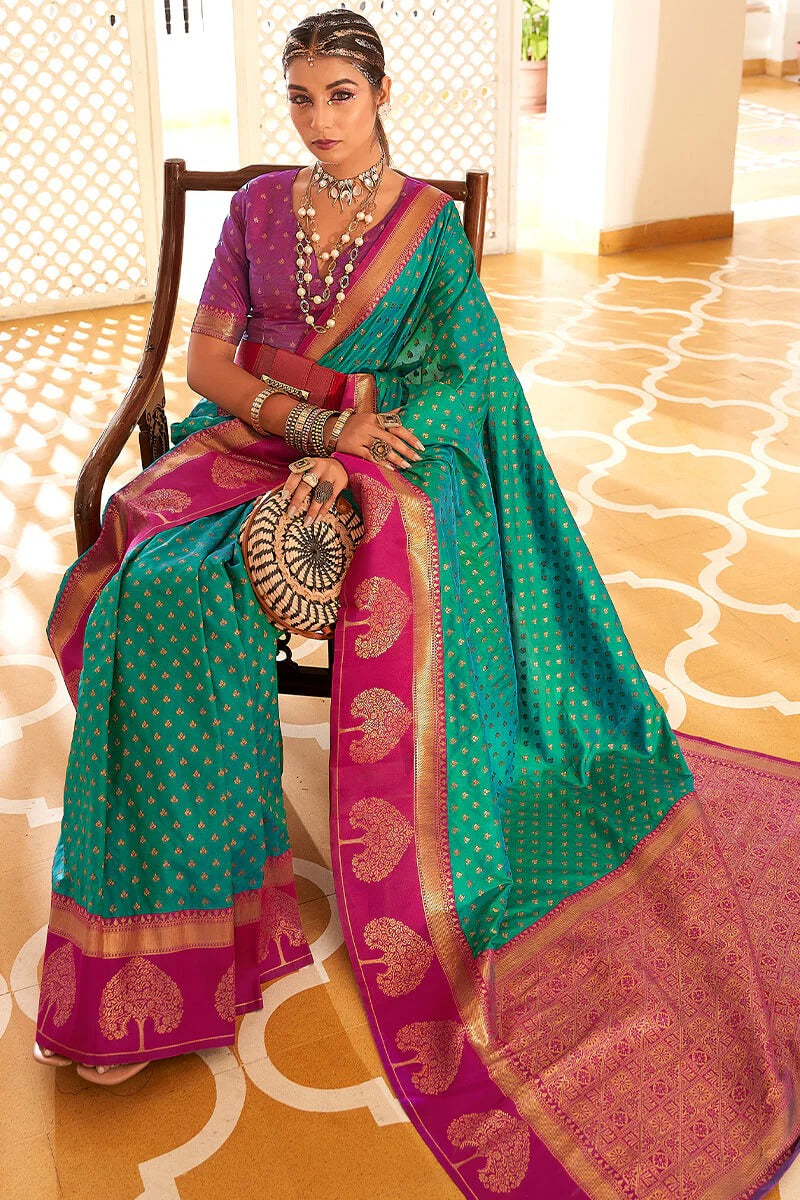 Vrishbha Turquoise Green Soft Banarasi Silk Zari Weaving Saree
