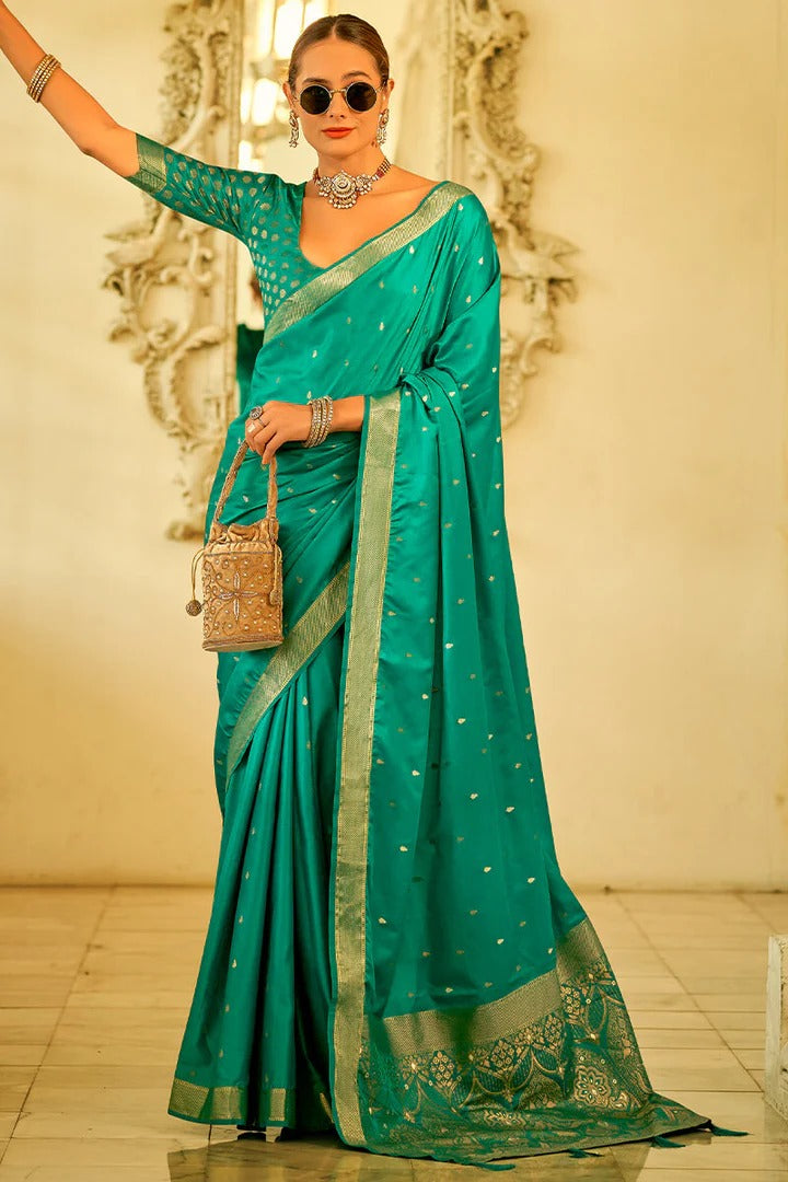 Harmony Deep Aqua Banarasi Satin Silk Weaving Saree