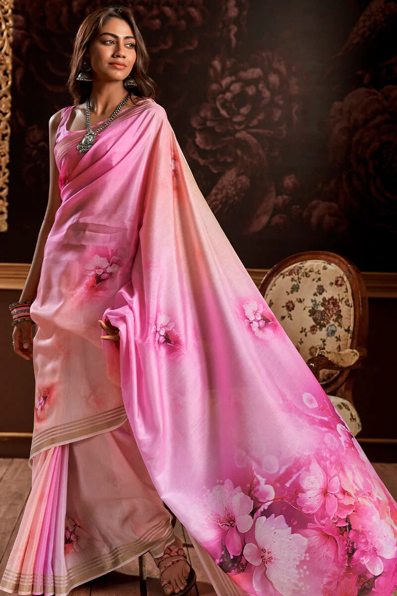 Gangotri Orchid Pink Soft Handloom Silk Floral Printed Saree