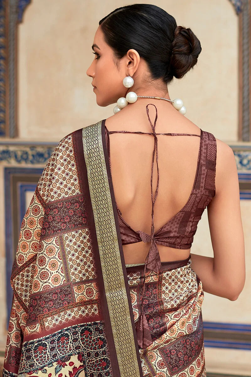 Saaria Burgundy Brown Dola Silk Printed Saree