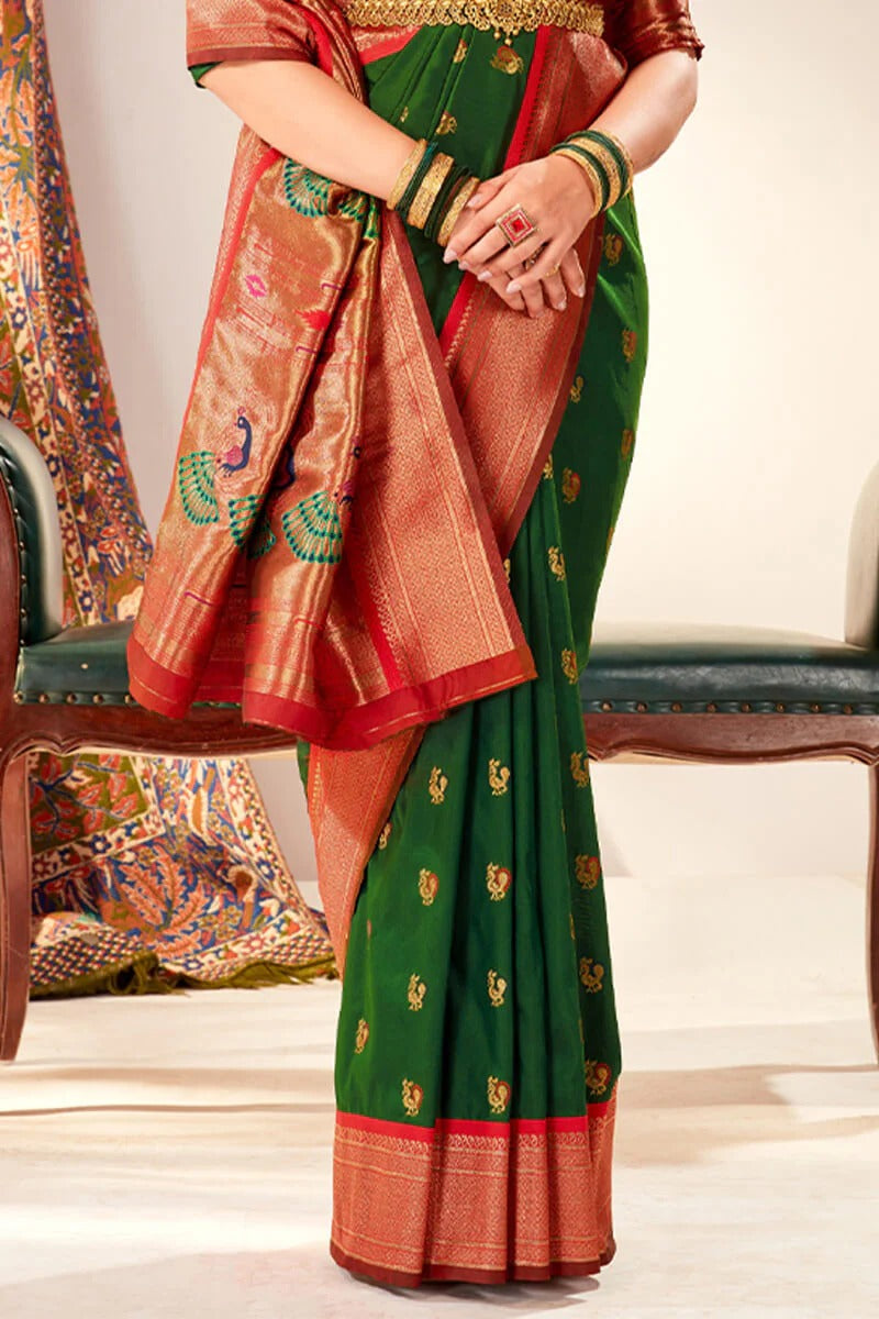 Apporva Combat Green Pure Soft Paithani Silk Weaving  Saree