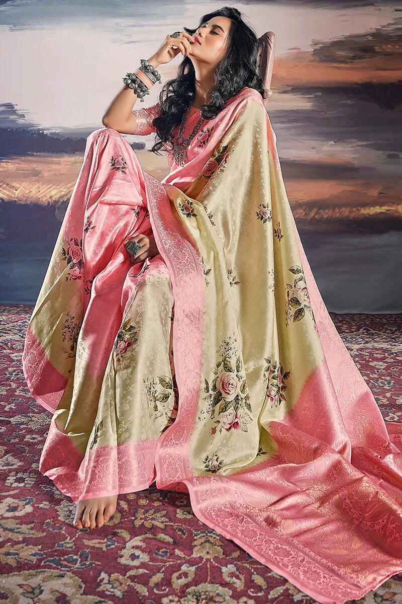 Pratishtha Costal Beige Pure Satin Silk Self Weaving Printed Saree