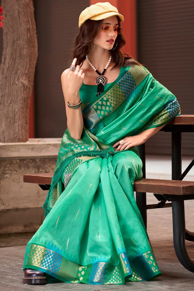 Rangoli Tidepool Green Pure Soft  Banarasi Silk Weaving Saree