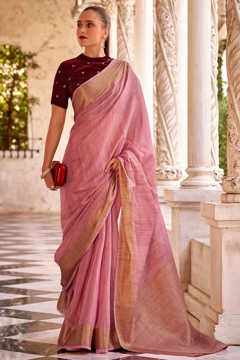 Rupa Candy Pink Tissue Linen Silk Woven Saree