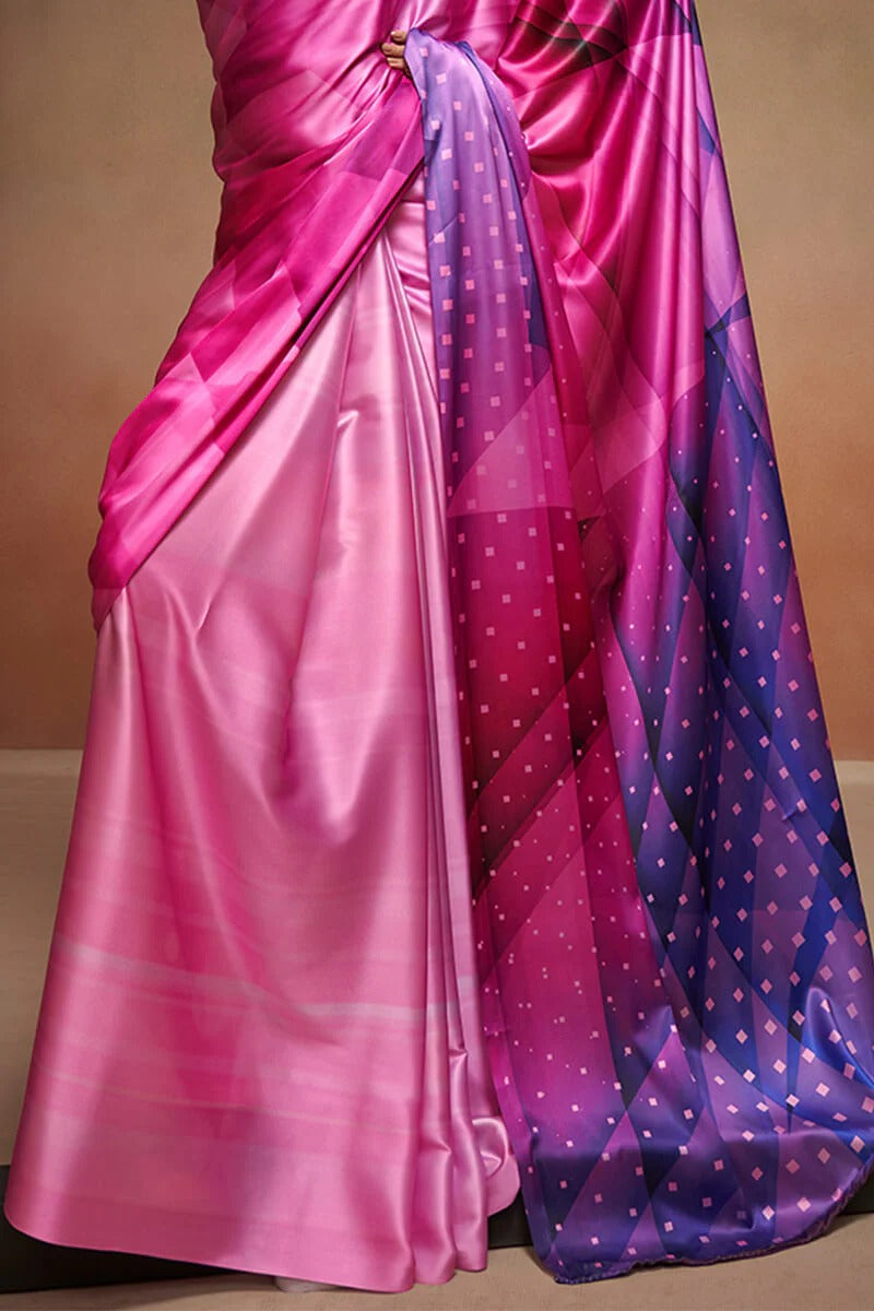 Bollywood Hot Pink Soft Satin Silk Printed Saree