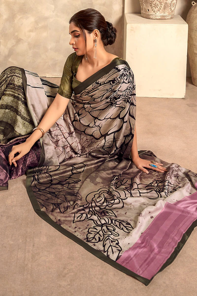 Winter Mocha Grey Soft Satin Silk Printed Saree
