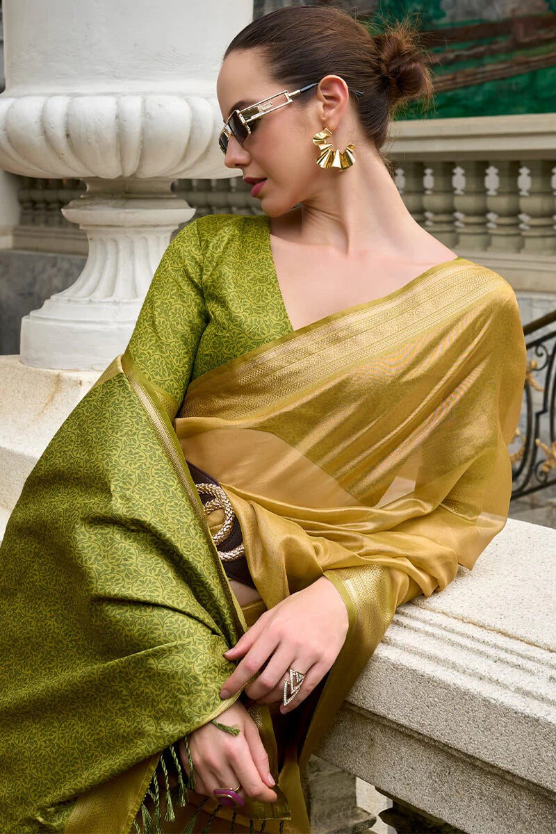 Titan Golden Olive Pure Tissue Silk Weaving Saree