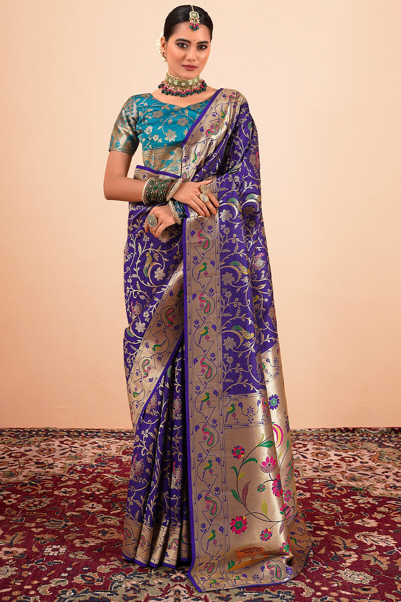 Sailja Dark Blue Pure Paithani Silk Zari Weaving Saree