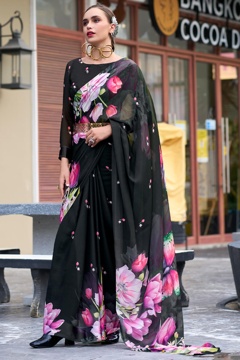 Sakira Black Pure Georgette Printed Saree