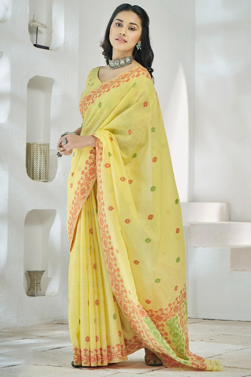 Disha Yellow Soft Linen Cotton Silk Weaving Saree