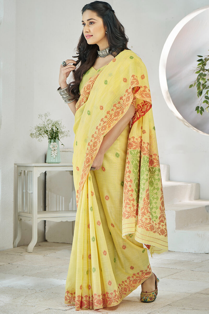Disha Yellow Soft Linen Cotton Silk Weaving Saree