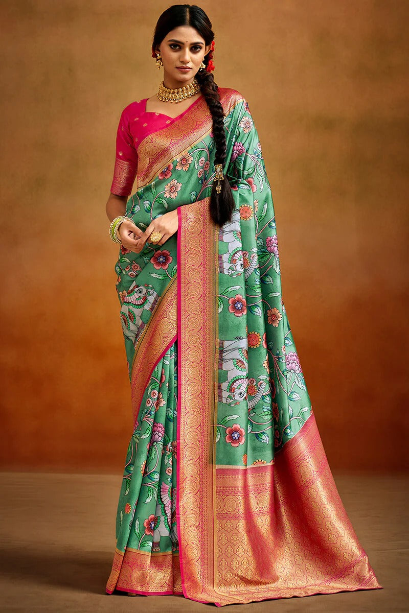 Moghra Radiant Green Banarasi Tussar Silk Woven Kalamkari Saree