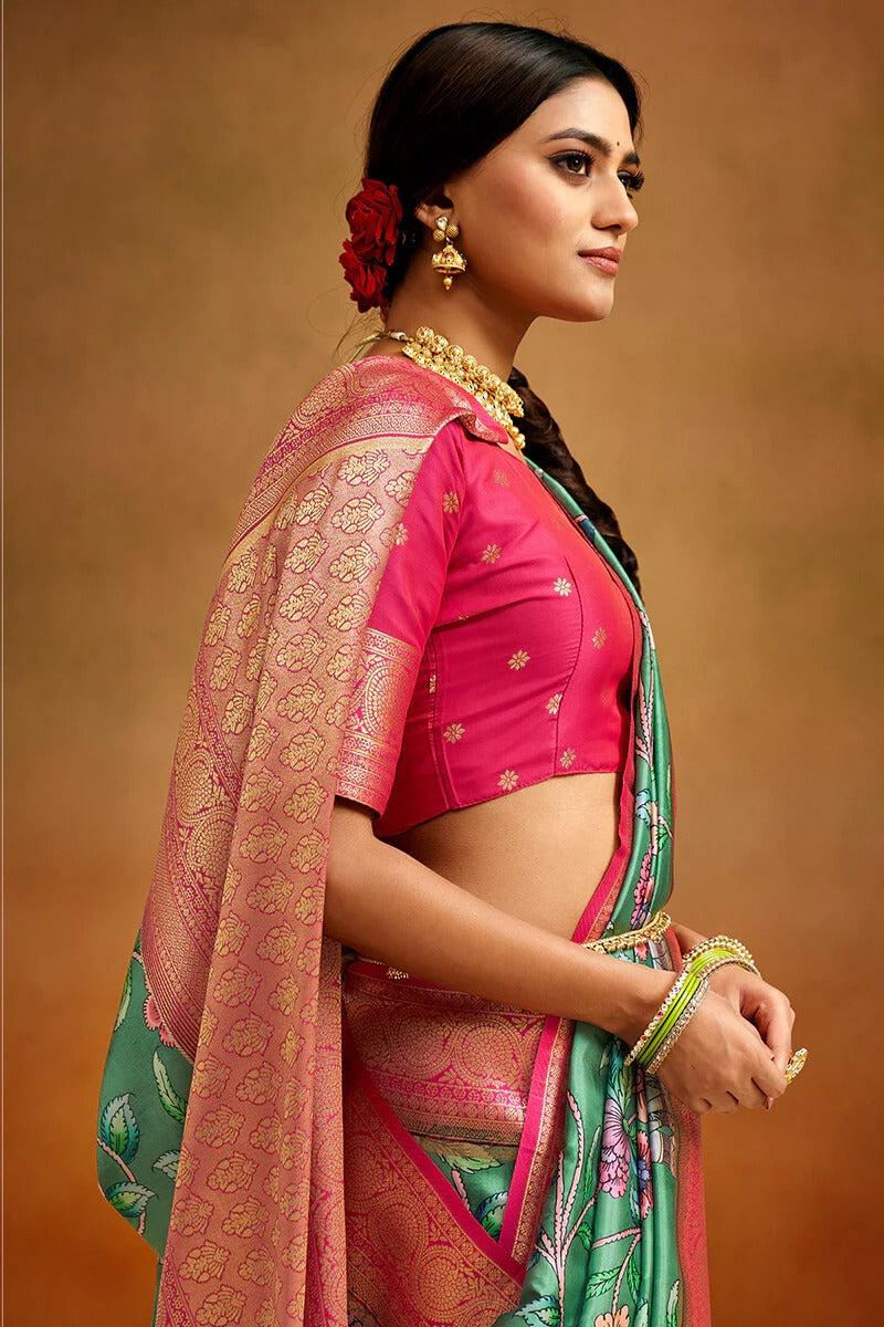 Moghra Radiant Green Banarasi Tussar Silk Woven Kalamkari Saree
