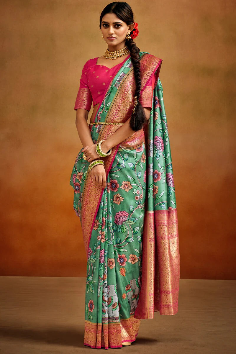 Moghra Radiant Green Banarasi Tussar Silk Woven Kalamkari Saree