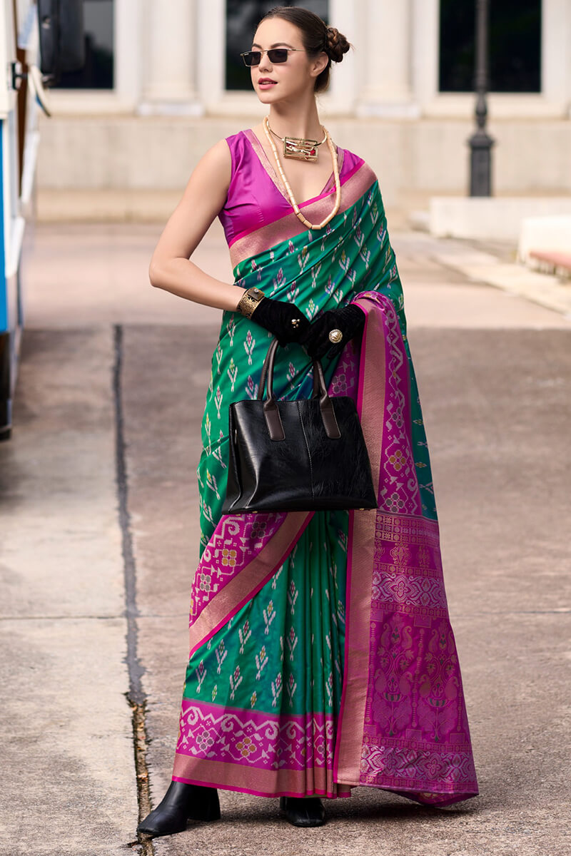 Pyramid Green Banarasi Soft Silk Ikkat Border Saree