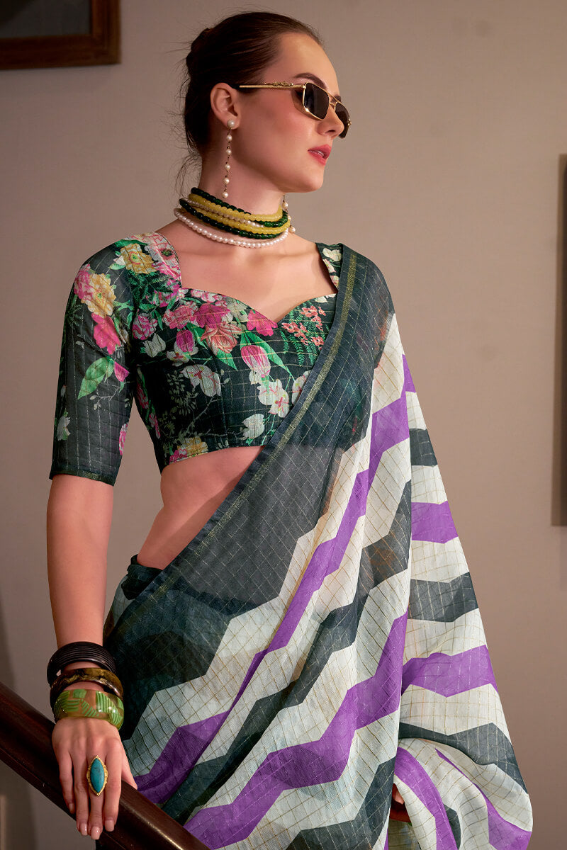 Basanti Lavender and Black Linen Silk Printed Saree