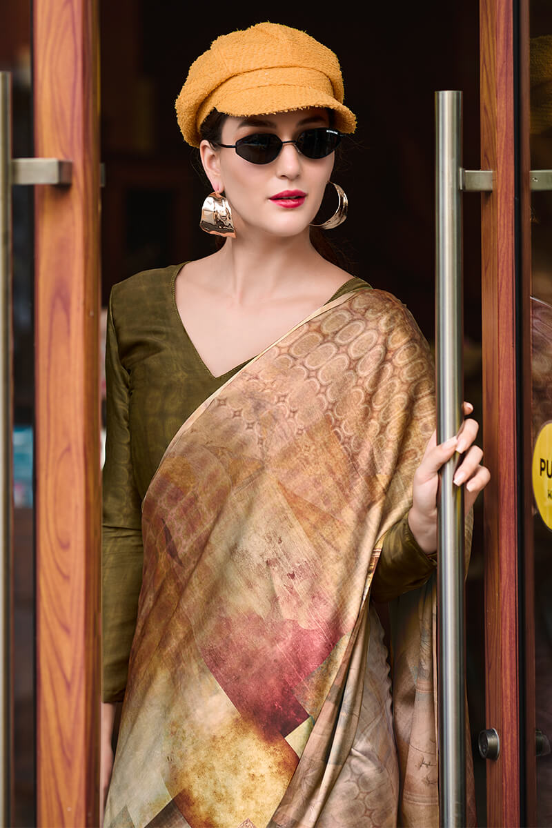 Next Ganeration Brown Pure Satin Silk Digital Printed Saree