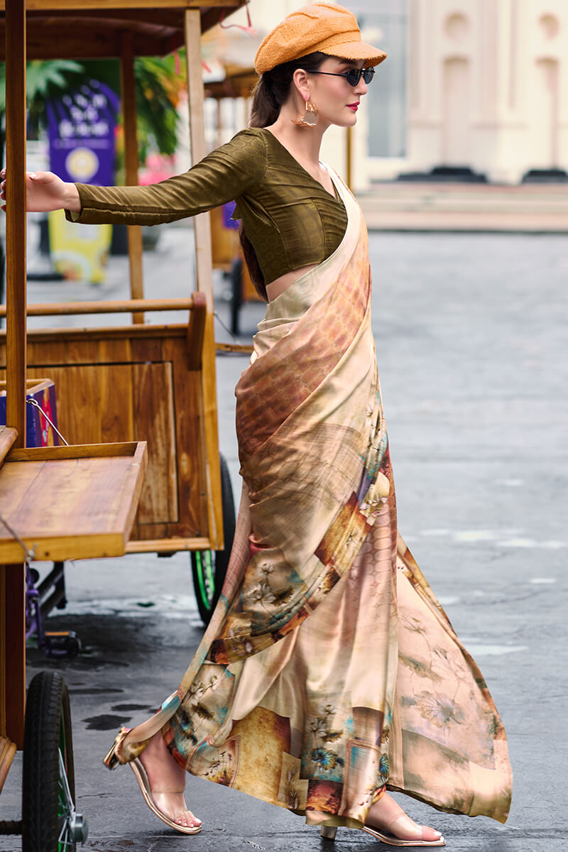 Next Ganeration Brown Pure Satin Silk Digital Printed Saree