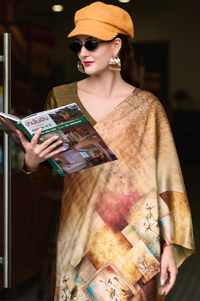 Next Ganeration Brown Pure Satin Silk Digital Printed Saree