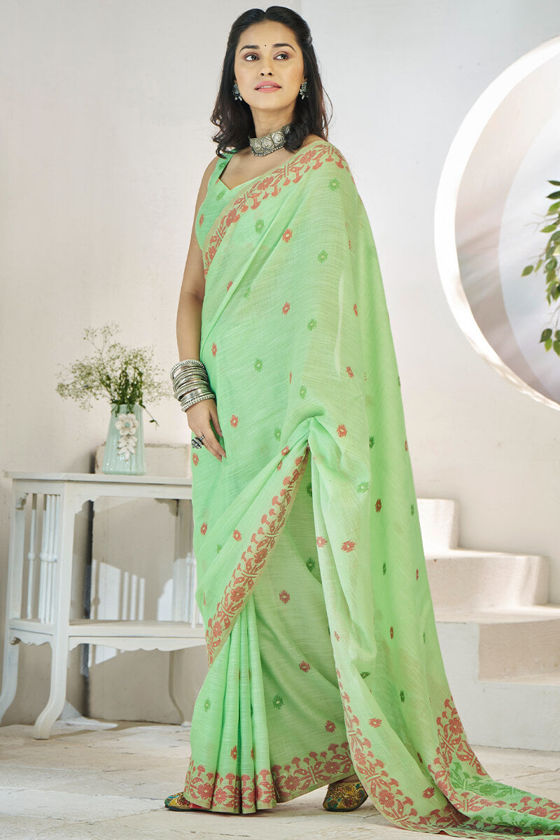 Disha Olive Green Soft Linen Cotton Silk Weaving Saree