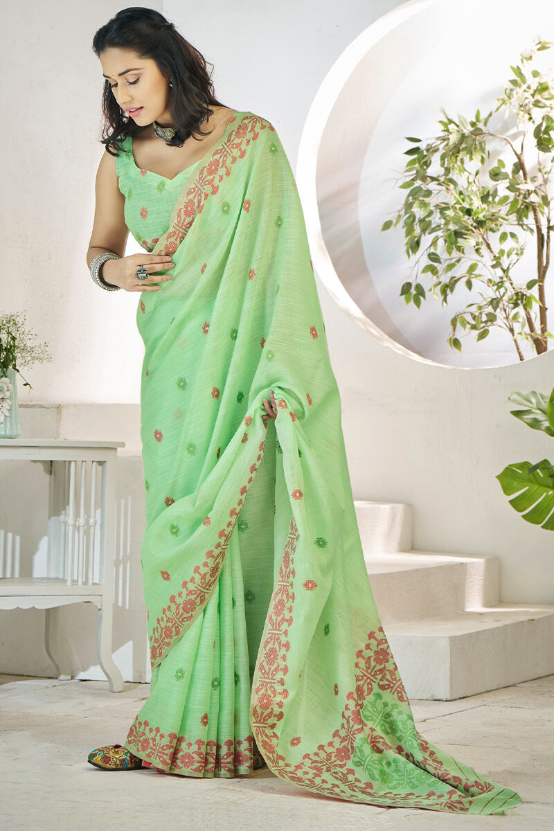 Disha Olive Green Soft Linen Cotton Silk Weaving Saree