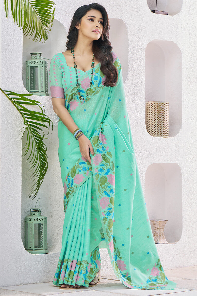 Gulabi Green Pure Soft Linen Silk Printed Saree