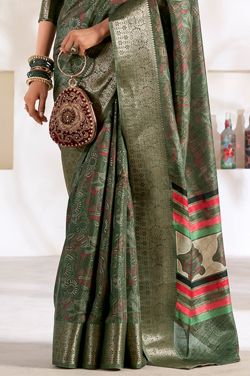 Kailash Eclipse Green Blue Soft Dola Silk Foil Printed Saree