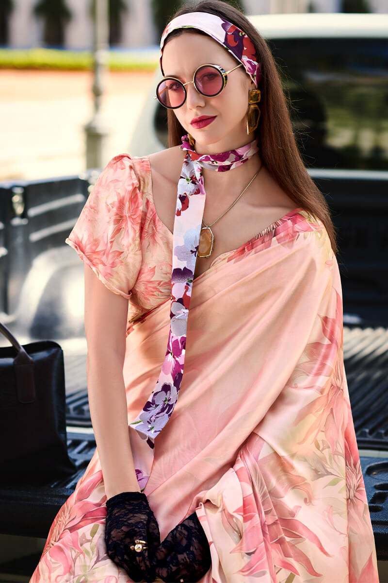 Next Ganeration Coral Blush Pure Satin Silk Digital Printed Saree