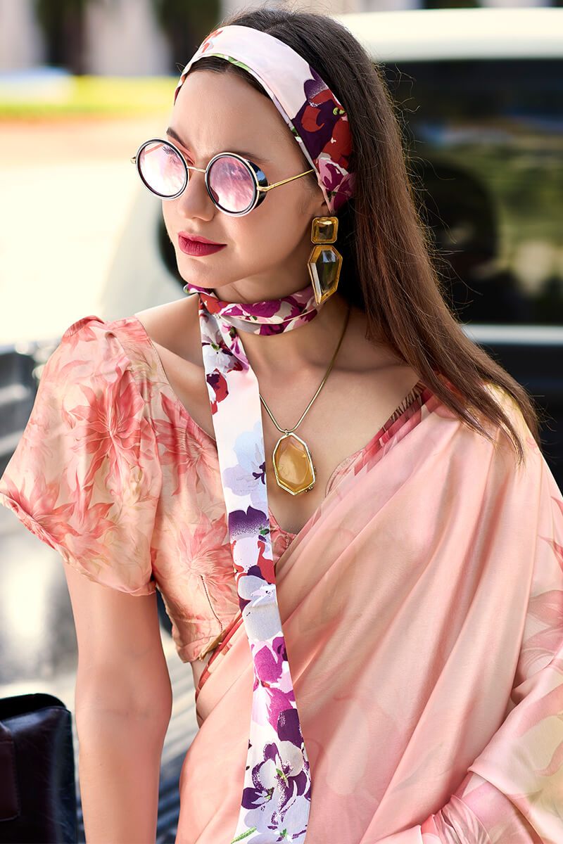 Next Ganeration Coral Blush Pure Satin Silk Digital Printed Saree
