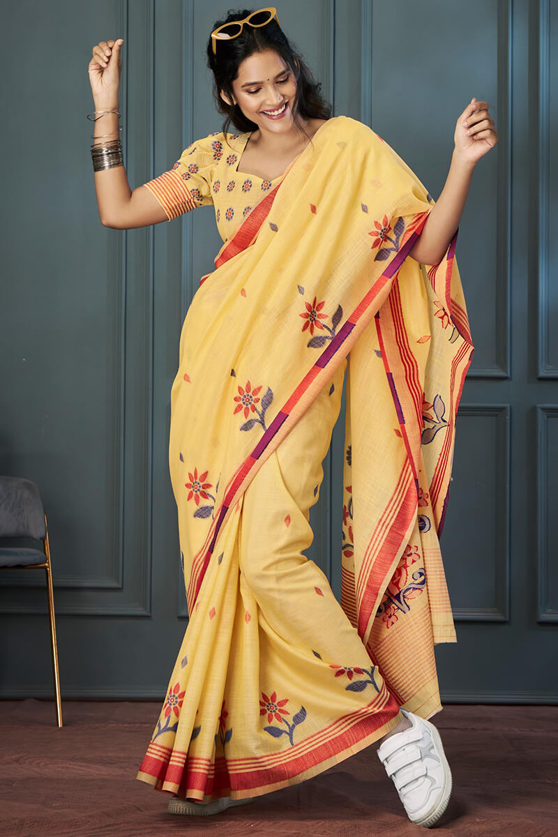 Rolex Yellow Handloom Linen Silk Weaving Saree