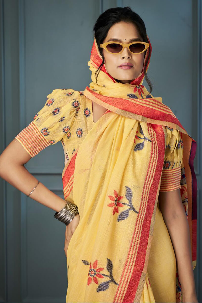Rolex Yellow Handloom Linen Silk Weaving Saree