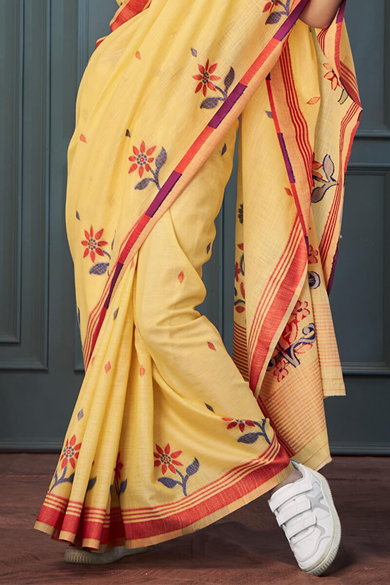 Rolex Yellow Handloom Linen Silk Weaving Saree