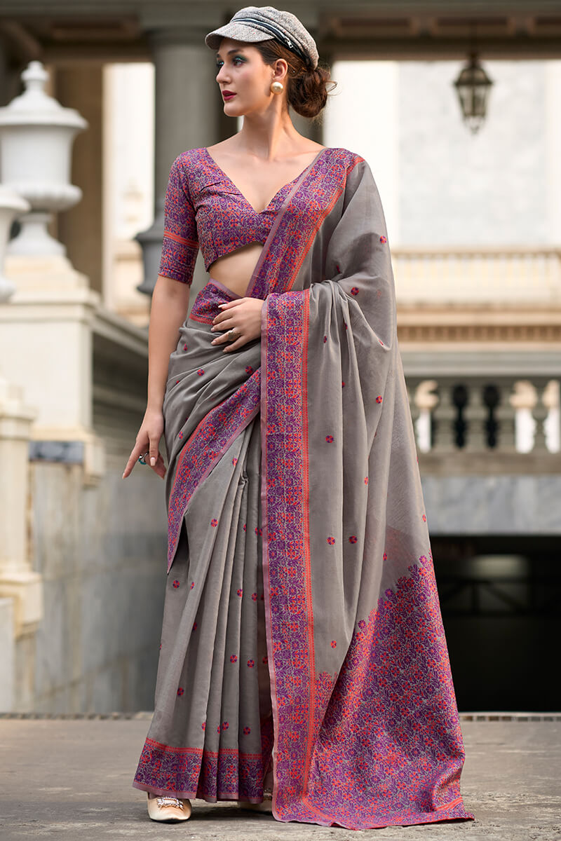 Prajanya Grey Pure Linen Silk Woven Saree