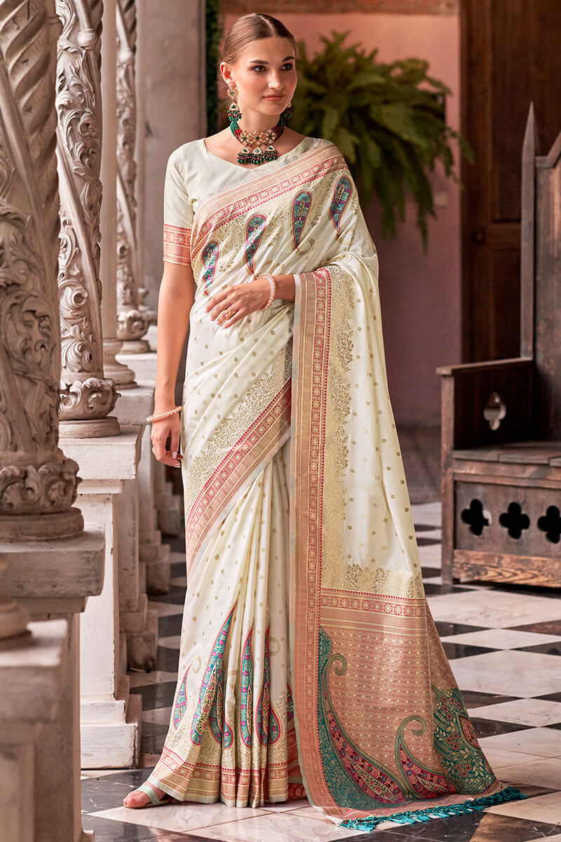 Pihu Off White Banarasi Soft Silk Weaving Saree