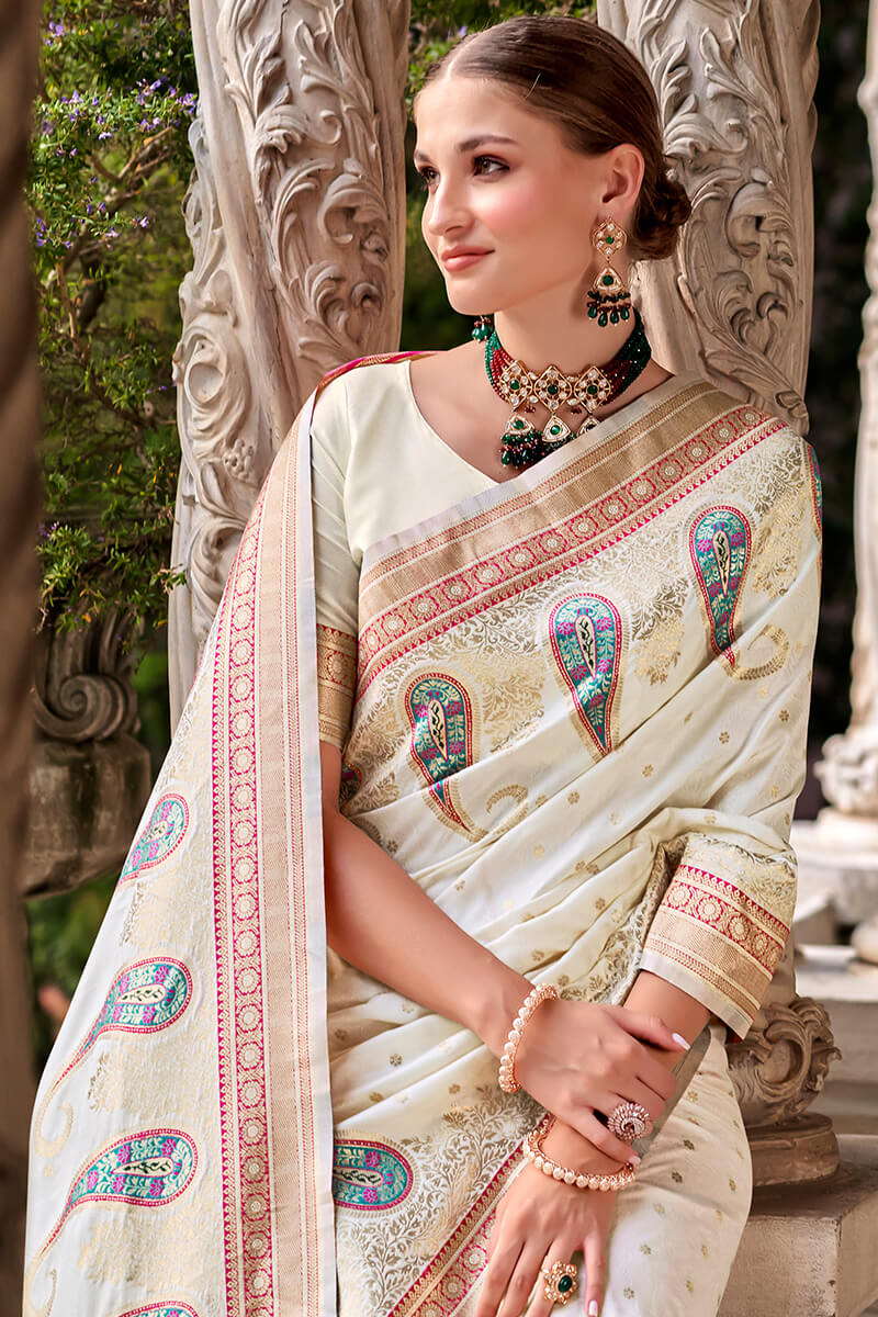 Pihu Off White Banarasi Soft Silk Weaving Saree