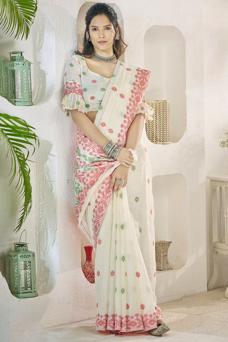 Disha Ivory Sand Soft Linen Cotton Silk Weaving Saree