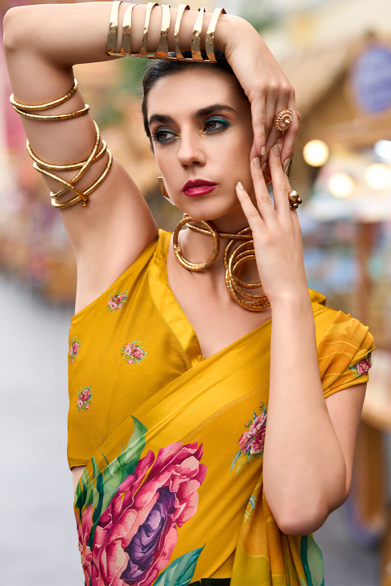 Sakira Yellow Pure Georgette Printed Saree