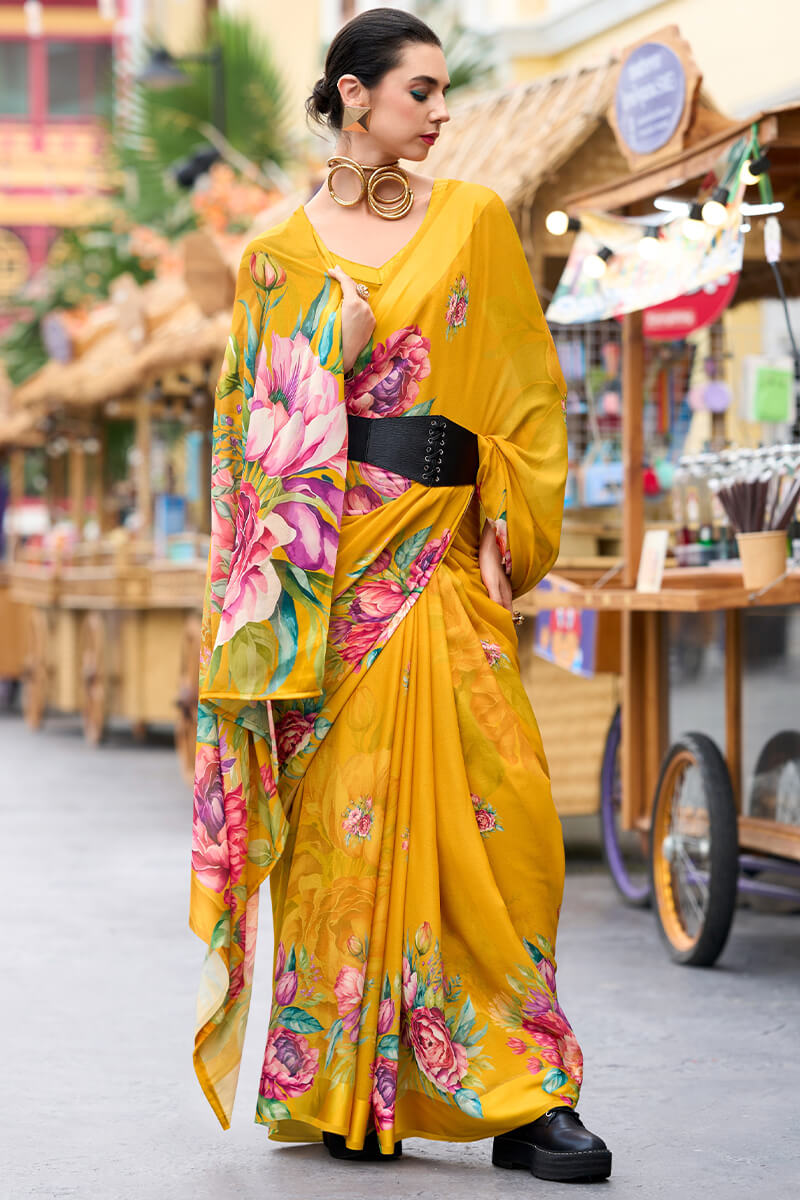 Sakira Yellow Pure Georgette Printed Saree