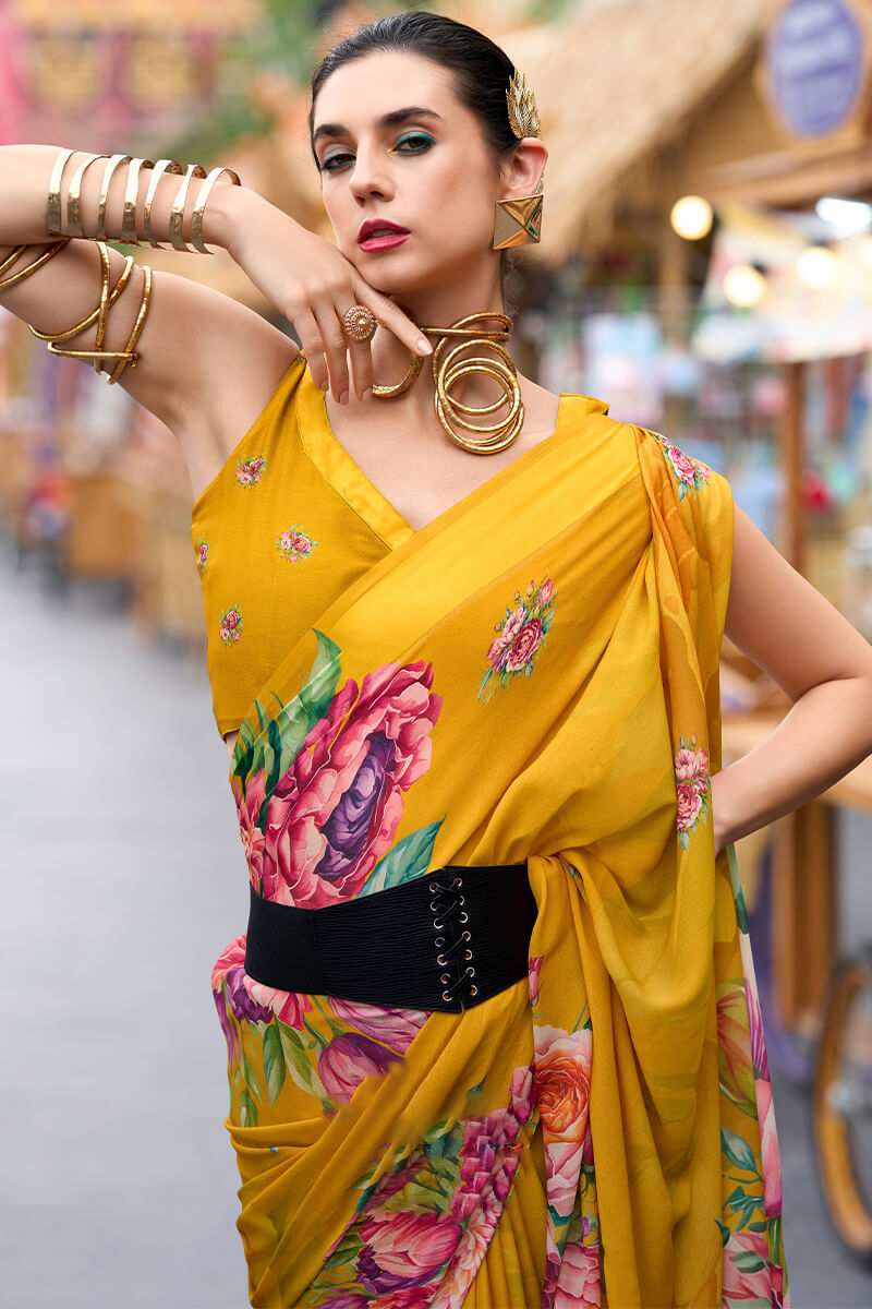 Sakira Yellow Pure Georgette Printed Saree
